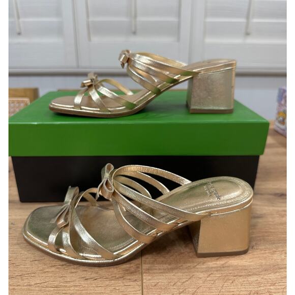 Kate Spade Carolina Block Heel Sandal Metallic Nappa Pale Gold 6.5 Lightly Worn - Picture 4 of 16